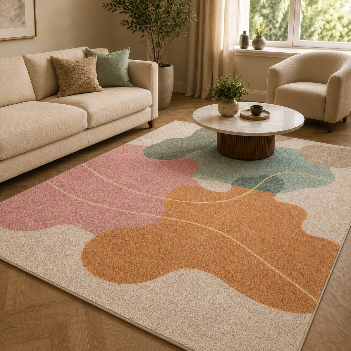 Tapis rectangulaire Soléa – style moderne – formes abstraites organiques – rose poudré, terracotta, bleu pastel et gris doux
