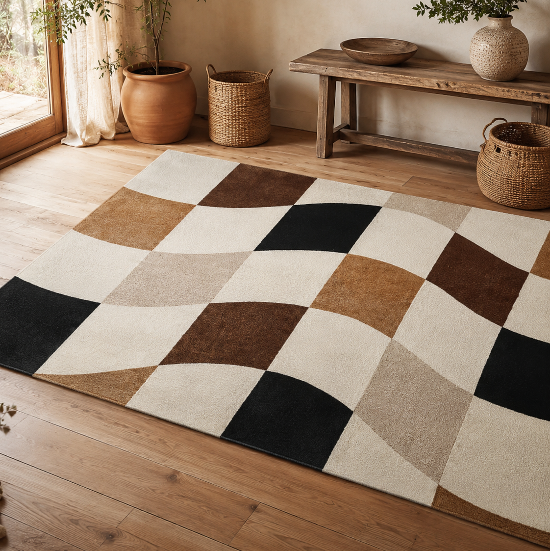 Tapis rectangulaire Alba – motif ondulé géométrique – écru, camel, brun, beige et noir