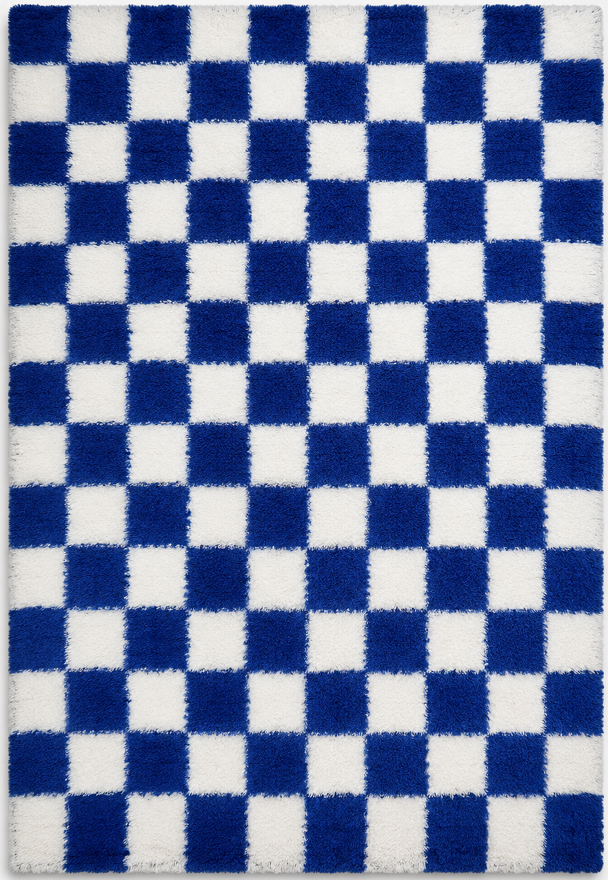 Tapis rectangulaire Azur – damier moelleux – bleu profond et blanc