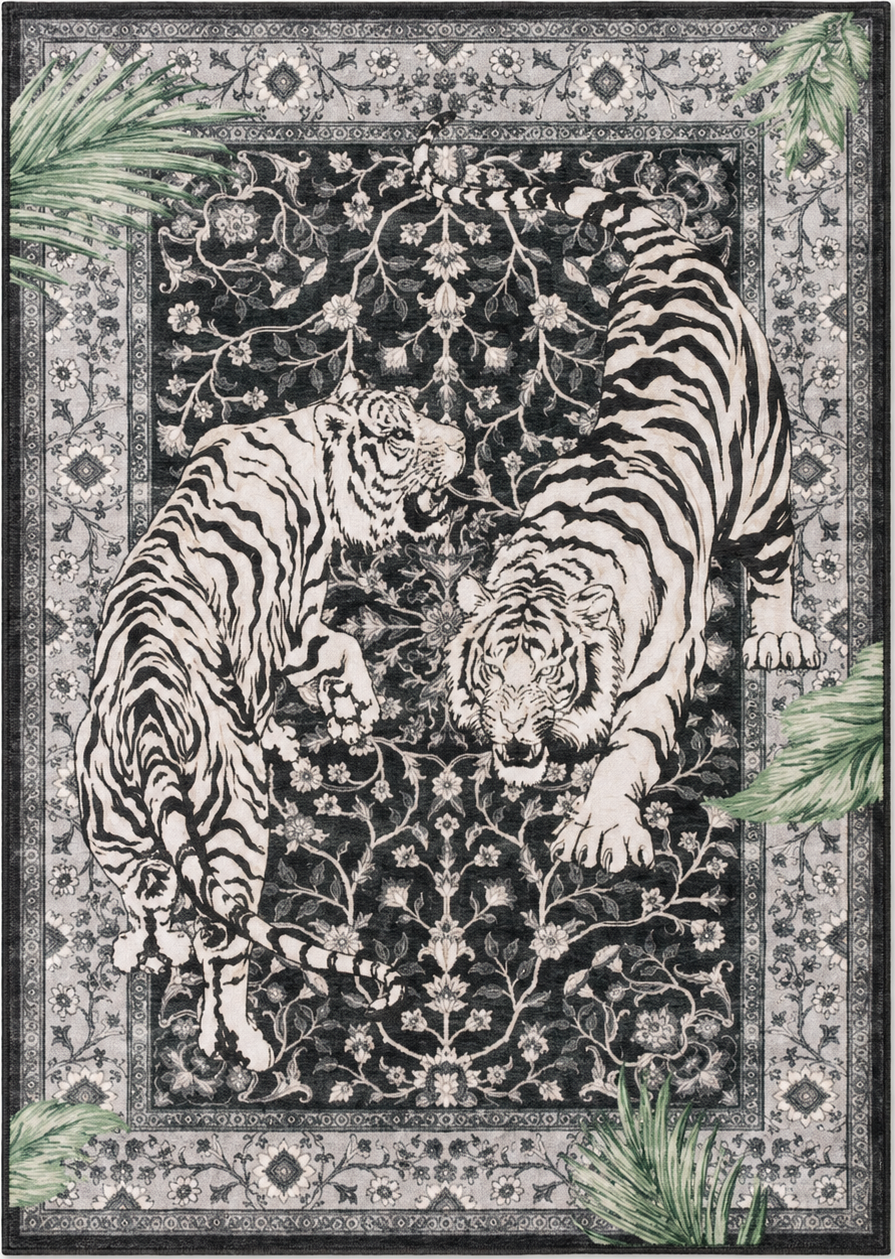 Tapis rectangulaire Onyx – duo de tigres graphiques – noir, écru et vert sauge