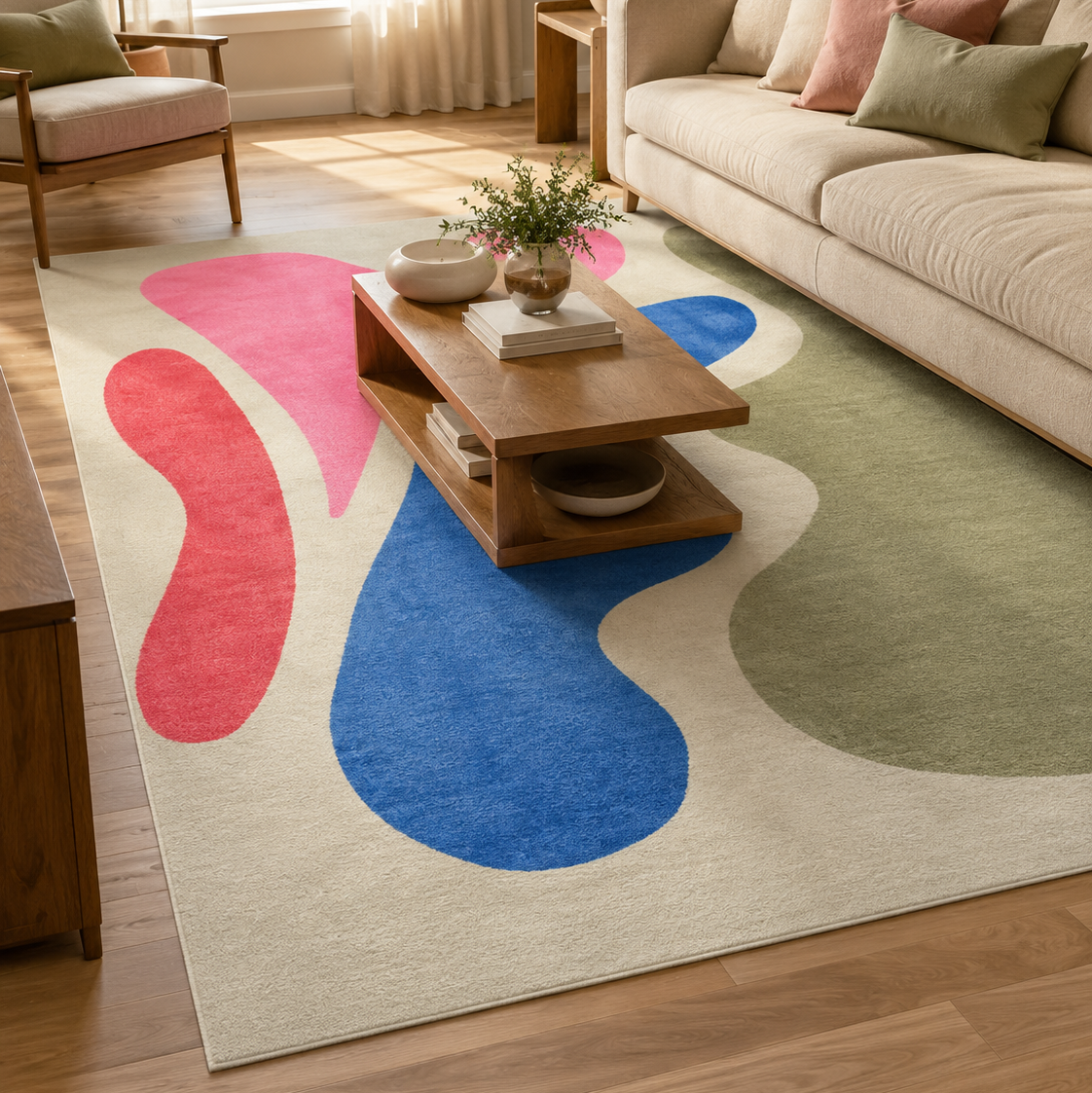 Tapis rectangulaire Soléa – formes organiques abstraites – écru, rose, bleu et vert sauge