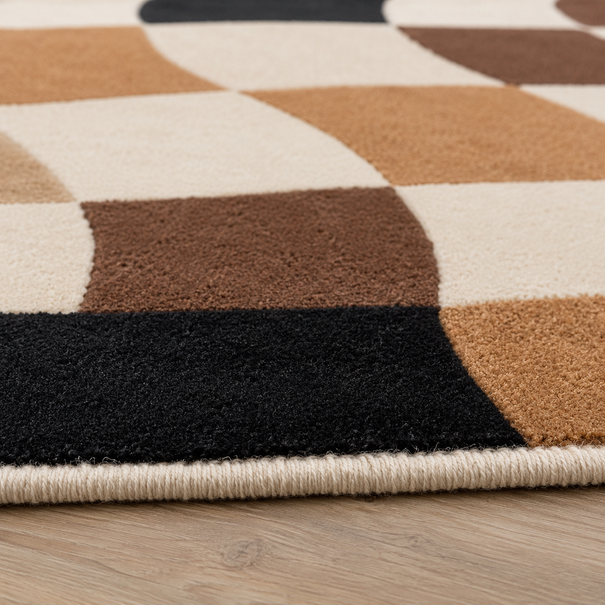 Tapis rectangulaire Alba – motif ondulé géométrique – écru, camel, brun, beige et noir
