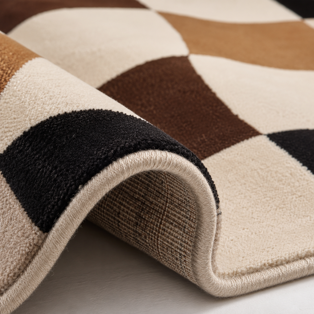 Tapis rectangulaire Alba – motif ondulé géométrique – écru, camel, brun, beige et noir