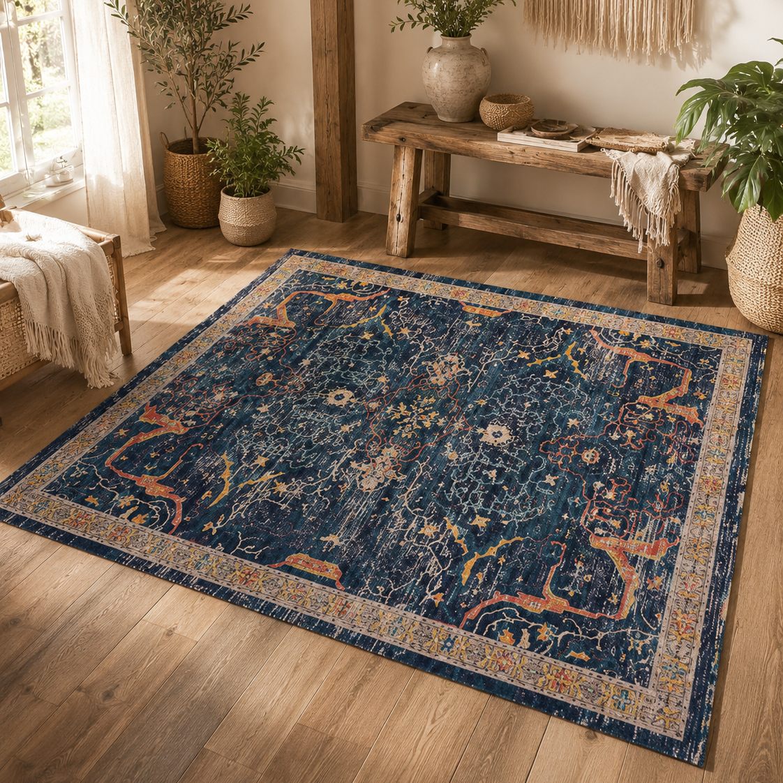 Tapis rectangulaire Azara – motifs floraux vintage – bleu nuit, terracotta, beige et ocre doré