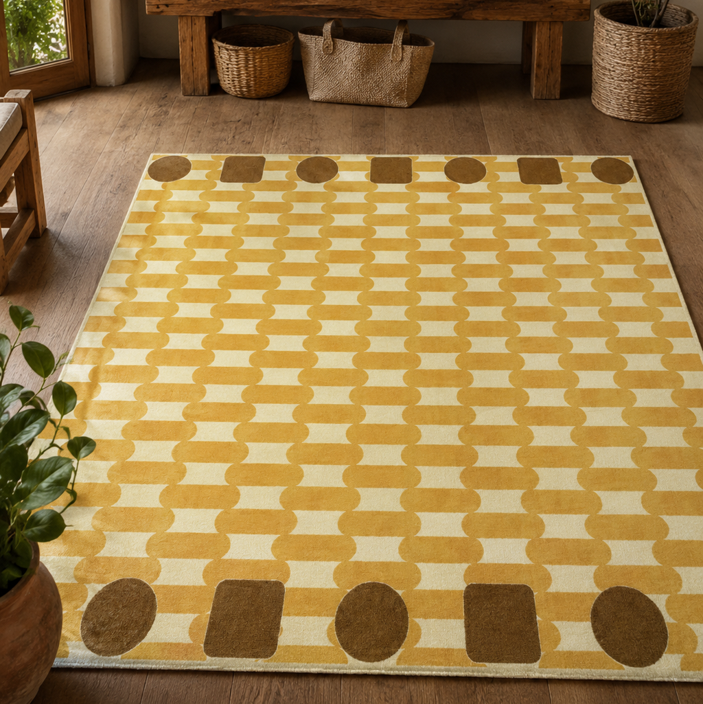 Tapis rectangulaire Solis – motif graphique rythmé – écru, jaune ocre et brun caramel