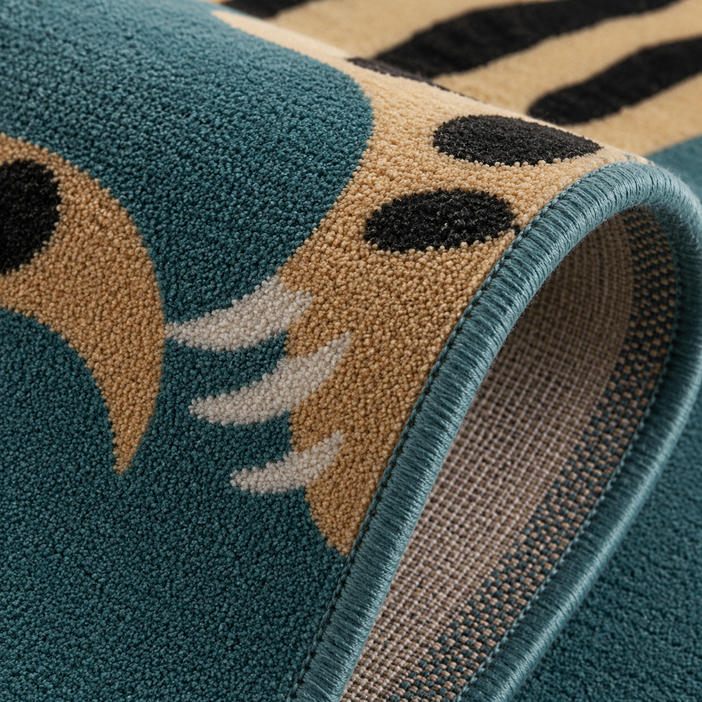 Tapis rectangulaire Tigra – motif tigre graphique – bleu canard, beige doré, noir et blanc