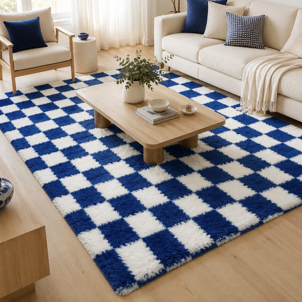 Tapis rectangulaire Azur – damier moelleux – bleu profond et blanc