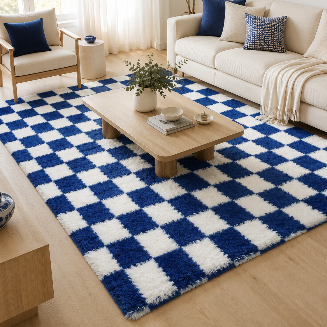 Tapis rectangulaire Azur – damier moelleux – bleu profond et blanc