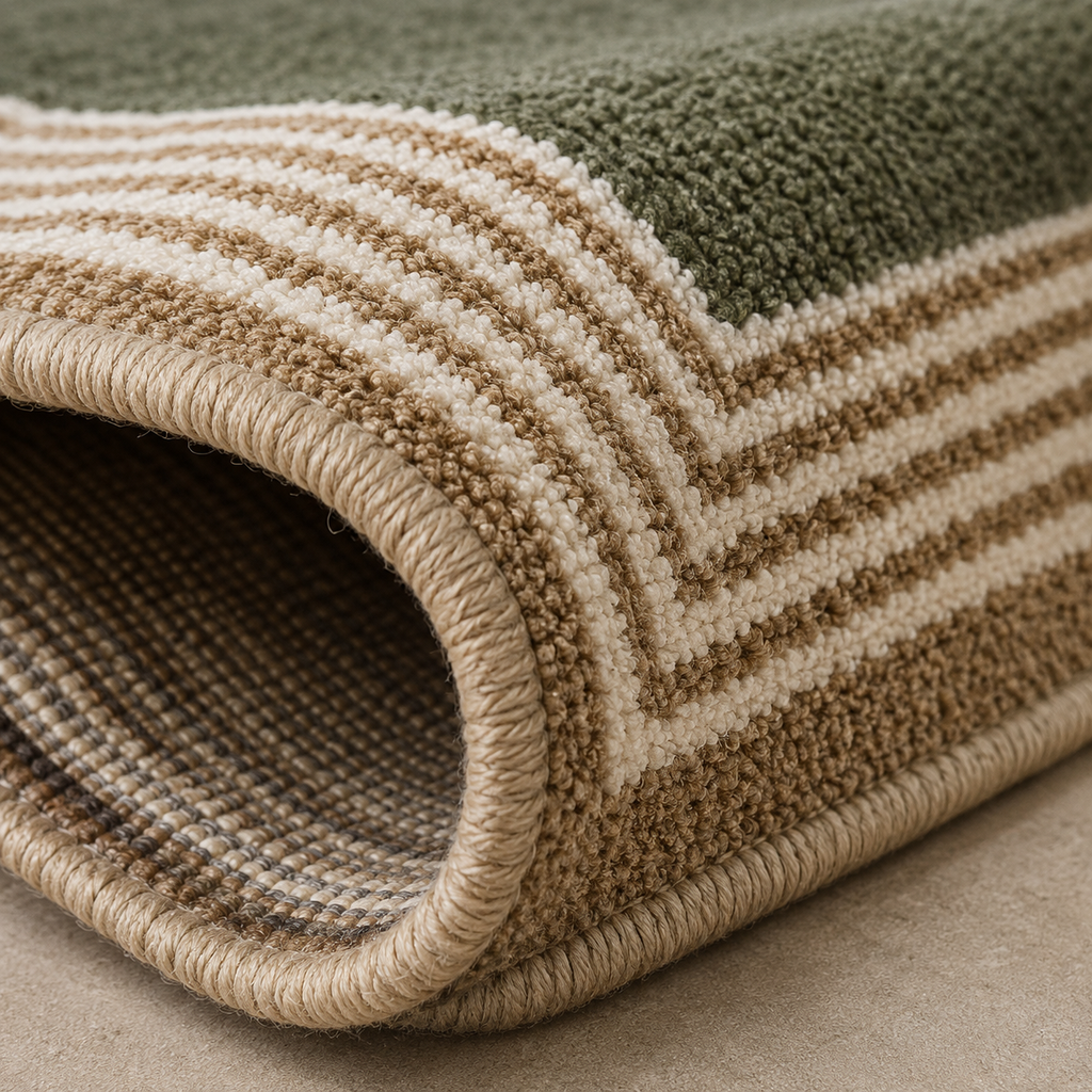 Tapis rectangulaire Olive – centre uni et bordure graphique – vert olive, beige et écru