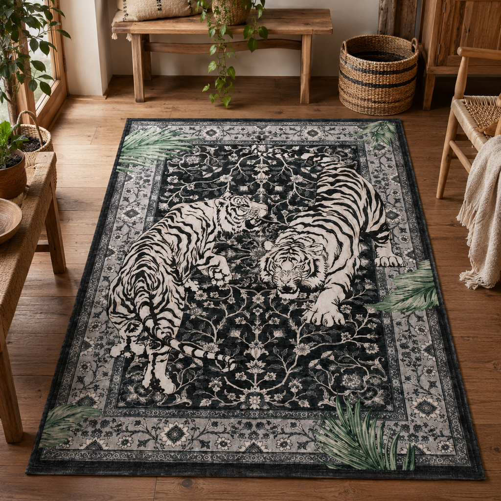 Tapis rectangulaire Onyx – duo de tigres graphiques – noir, écru et vert sauge
