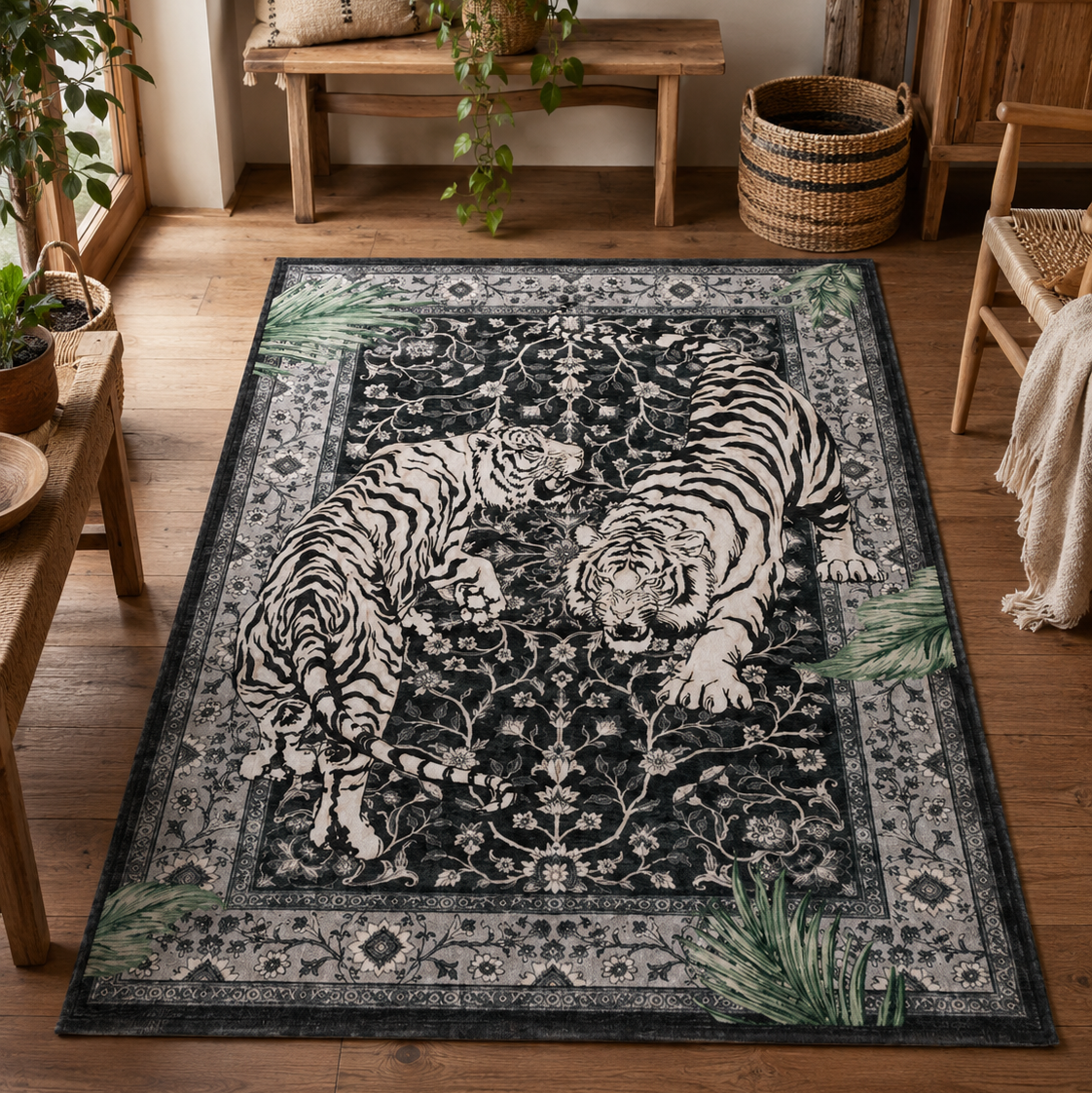 Tapis rectangulaire Onyx – duo de tigres graphiques – noir, écru et vert sauge