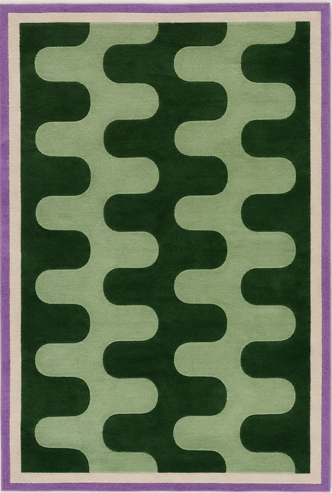Tapis rectangulaire Verde – motif ondulé graphique – vert forêt, vert sauge et lilas