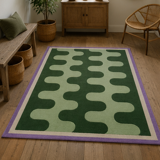 Tapis rectangulaire Verde – motif ondulé graphique – vert forêt, vert sauge et lilas