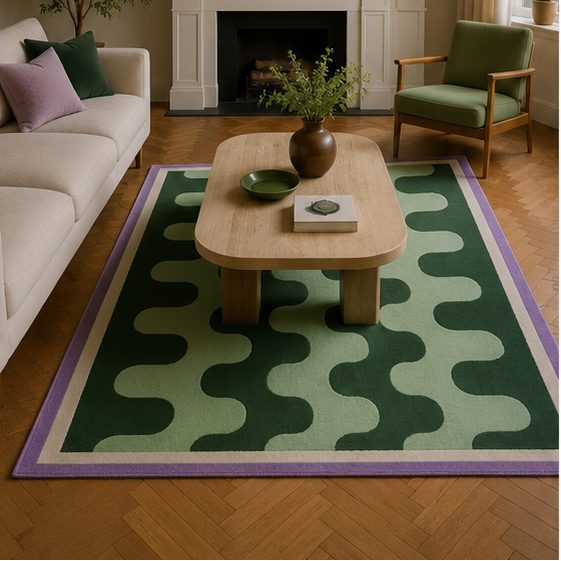 Tapis rectangulaire Verde – motif ondulé graphique – vert forêt, vert sauge et lilas