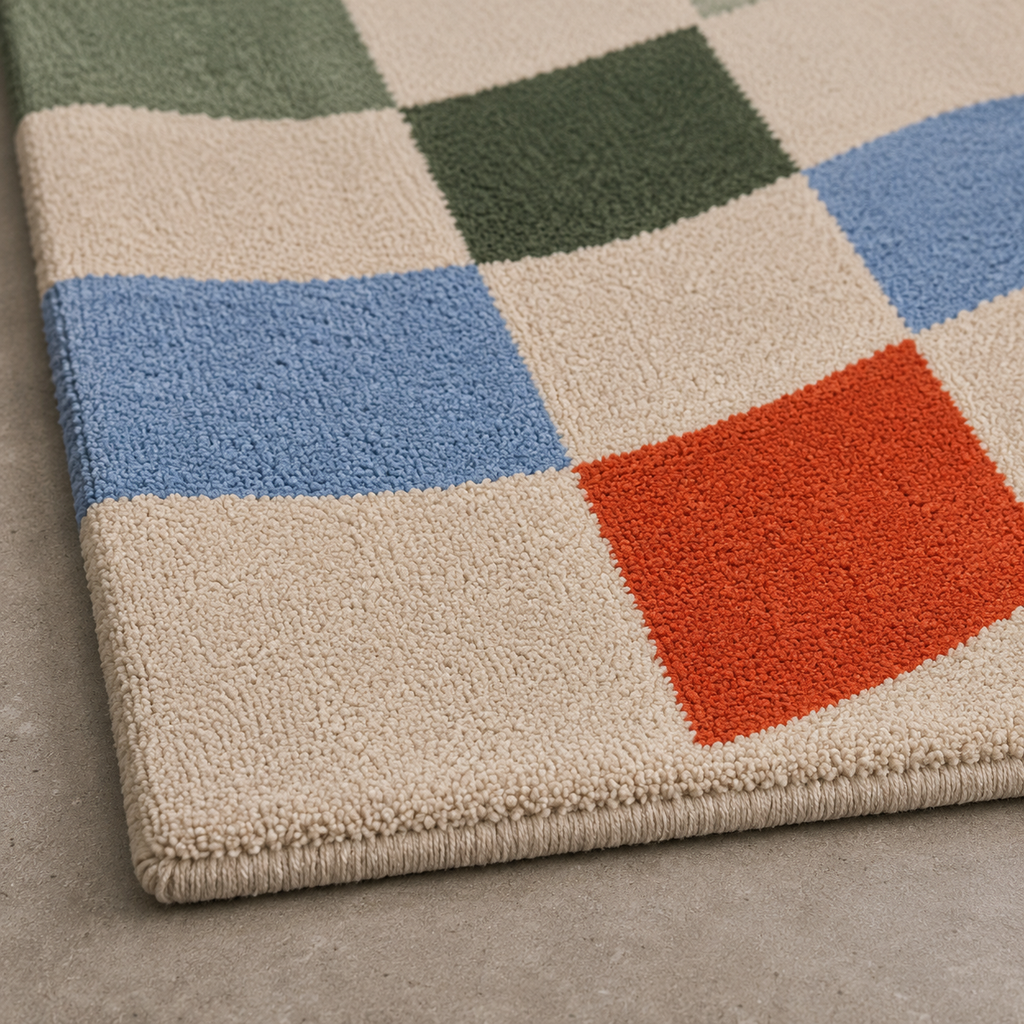 Tapis rectangulaire Ondine – motif ondulé géométrique – écru, vert sauge, vert forêt, bleu ciel et terracotta