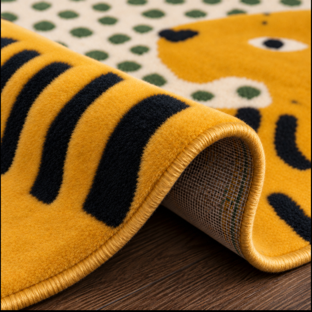Tapis rectangulaire Matis – motif chat stylisé – jaune moutarde, noir, écru et vert sauge