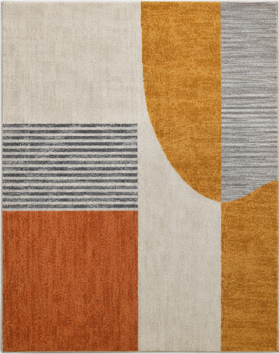 Tapis rectangulaire Soren – style moderne – motif géométrique abstrait – écru, ocre doré, terracotta et gris perle