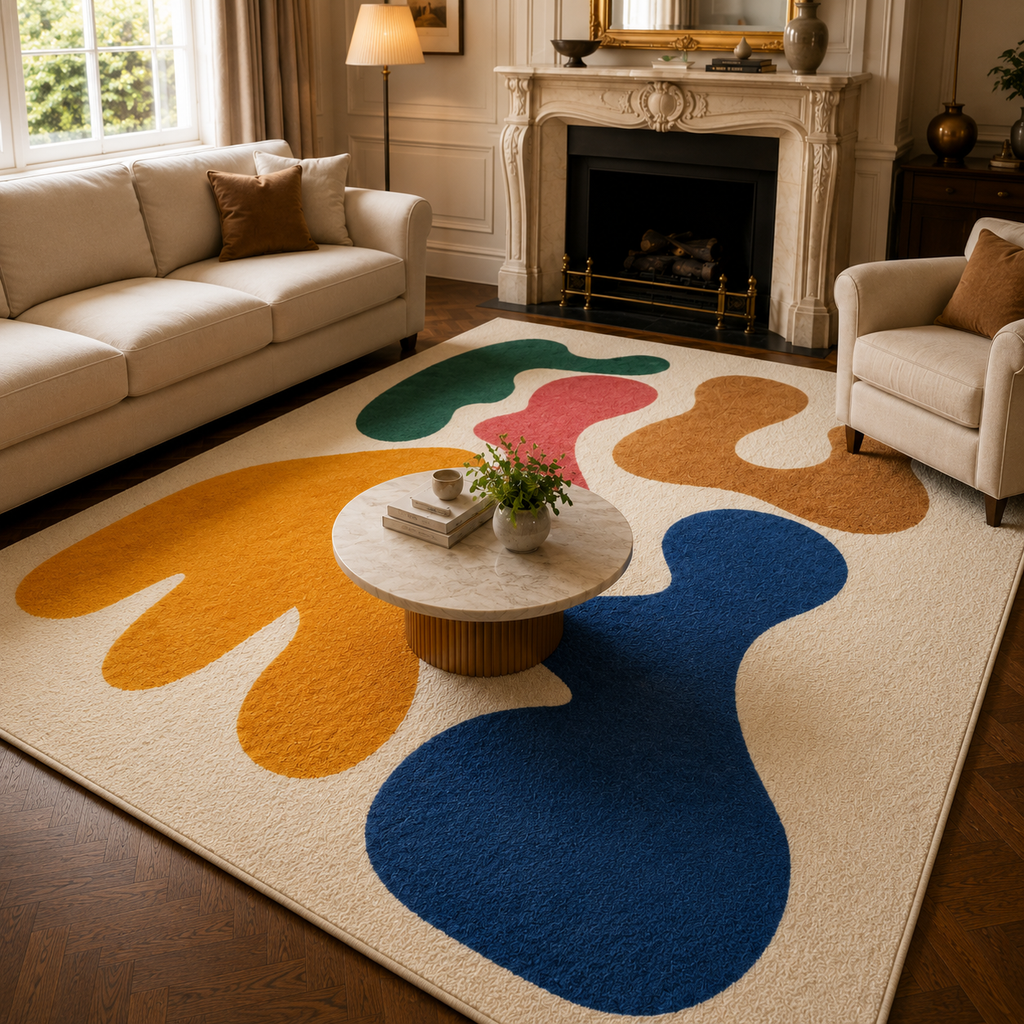 Tapis rectangulaire Arlo – style moderne  – formes organiques abstraites – crème, jaune ocre, bleu profond, vert et rose corail