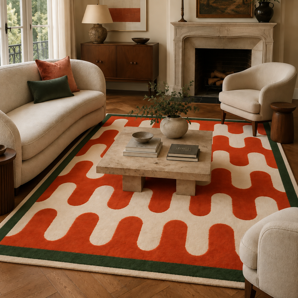 Tapis rectangulaire Rio – motif ondulé rétro – écru, rouge orangé et vert forêt