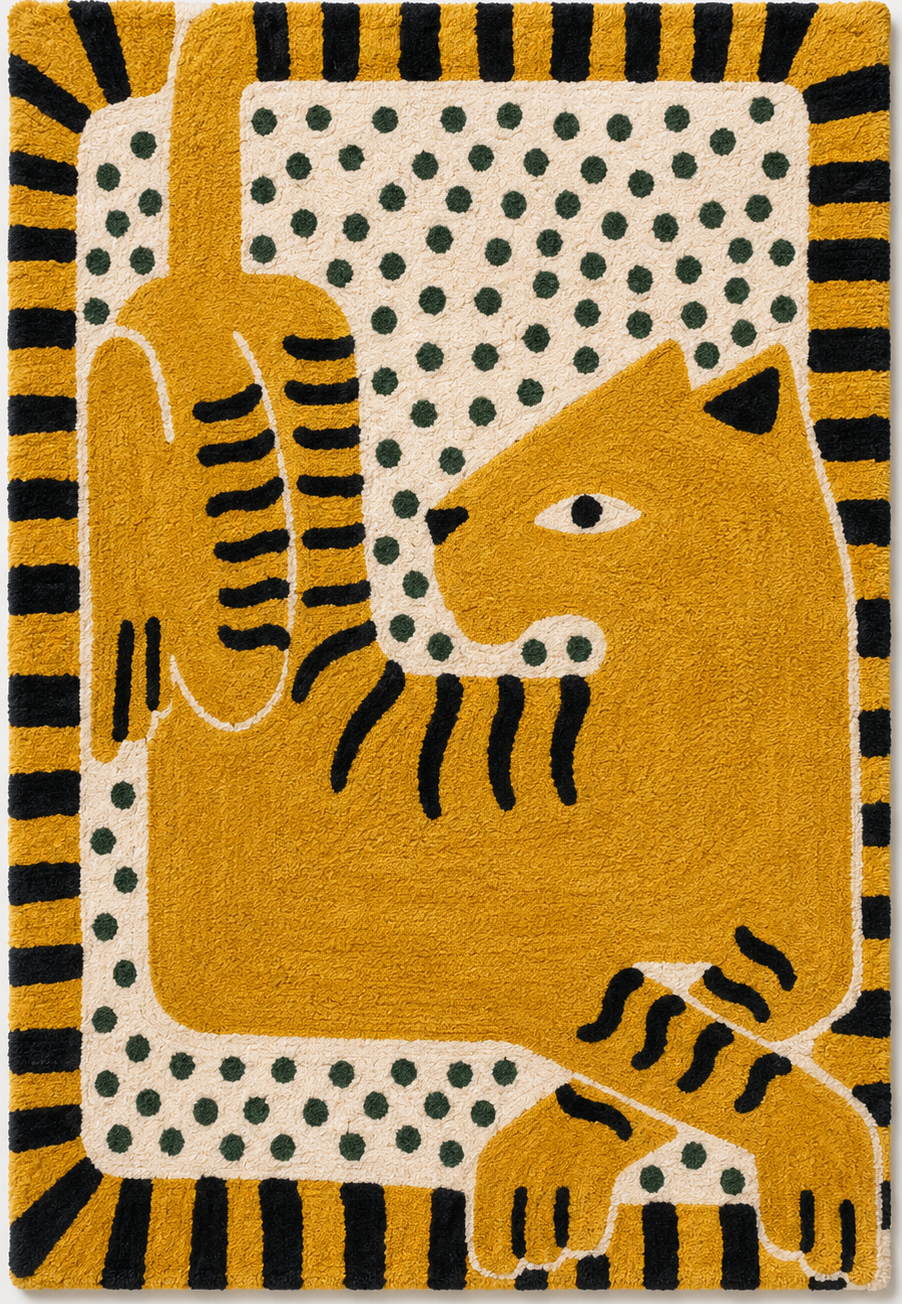 Tapis rectangulaire Matis – motif chat stylisé – jaune moutarde, noir, écru et vert sauge