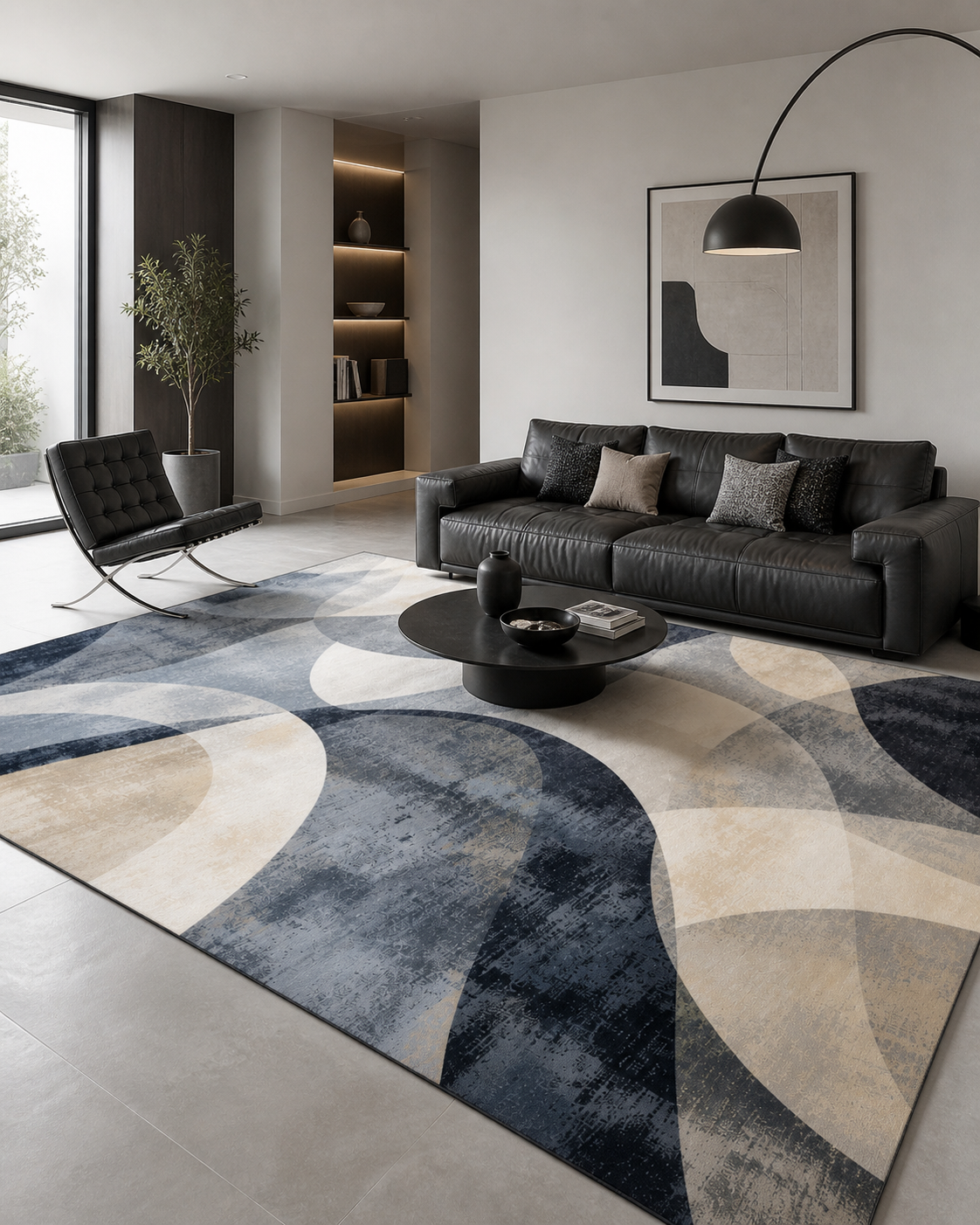 Tapis rectangulaire Éloria – style moderne – motifs abstraits gris, crème et bleu profond