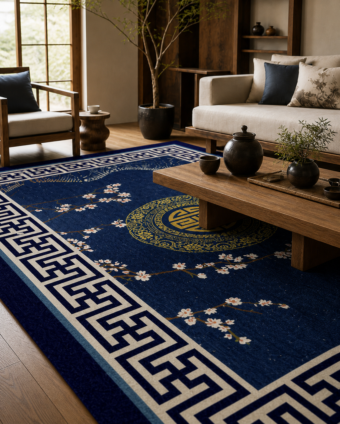 Tapis rectangulaire Hanami – style asiatique – bleu nuit, médaillon doré et motifs floraux