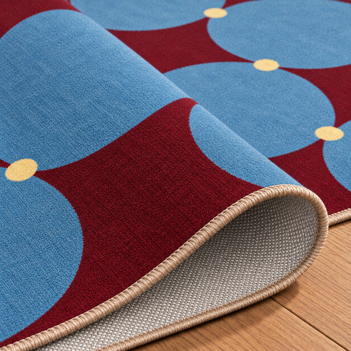 Tapis rectangulaire Nilo – motifs cercles graphiques – bleu ciel, bordeaux et beige clair