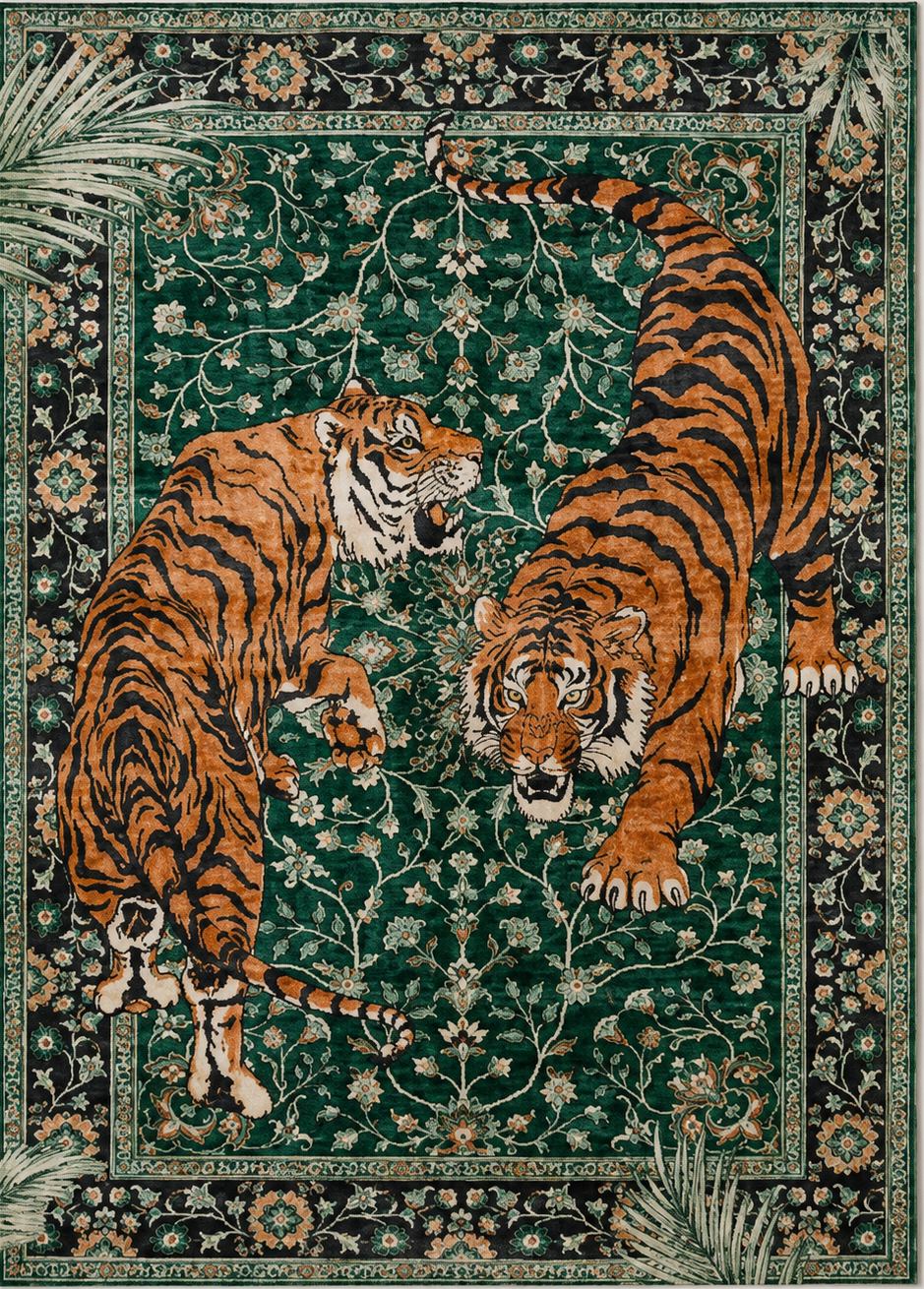 Tapis rectangulaire Sherkan – duo de tigres – vert émeraude, orange, noir et écru