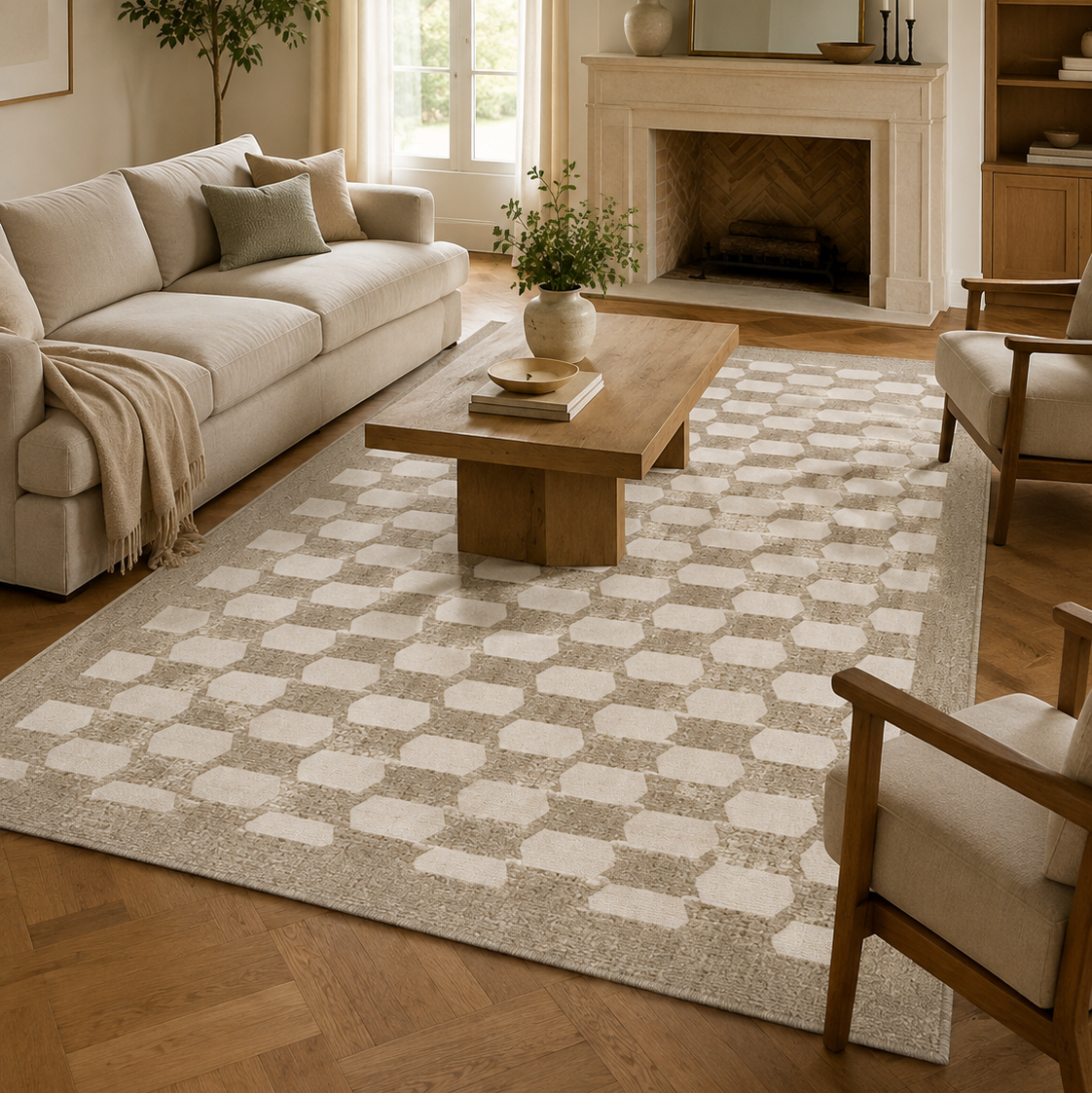 Tapis rectangulaire Solvéo – style moderne – motifs géométriques beige et écru
