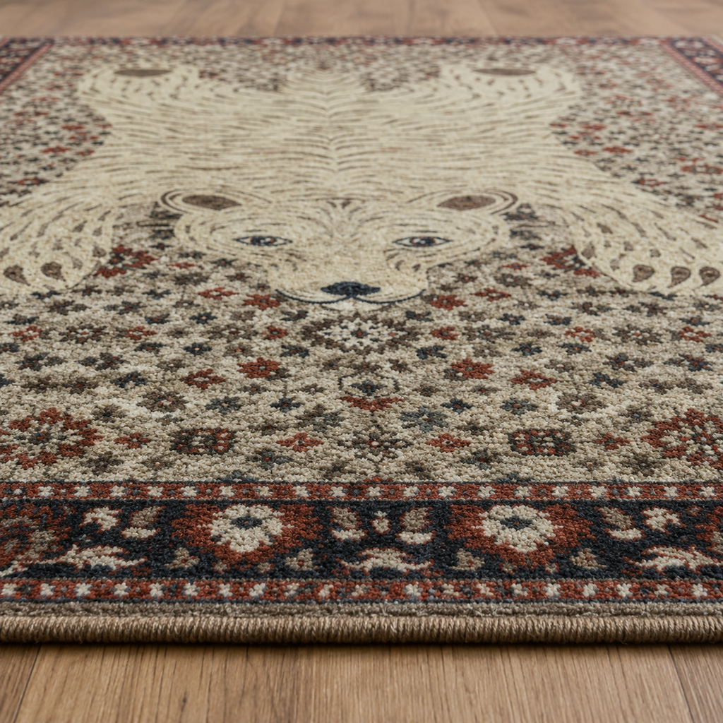 Tapis rectangulaire Numa – motif animalier allongé – écru, terracotta, bleu nuit et brun