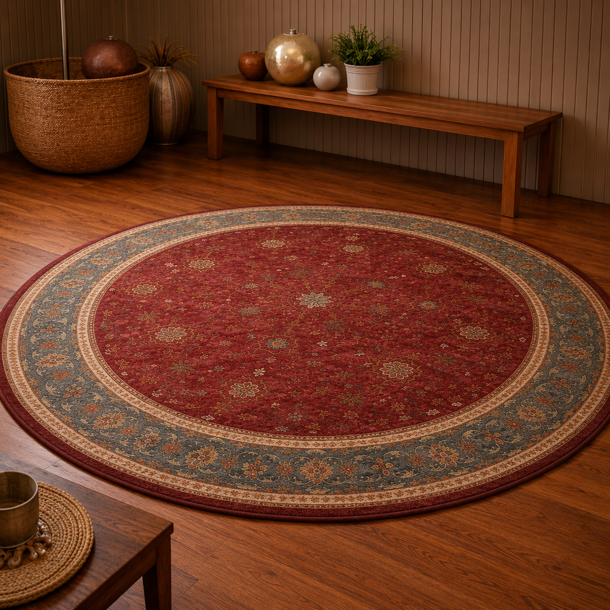 Tapis rond Sélima – rouge rubis – bordure bleu ardoise et sable – motifs graphiques