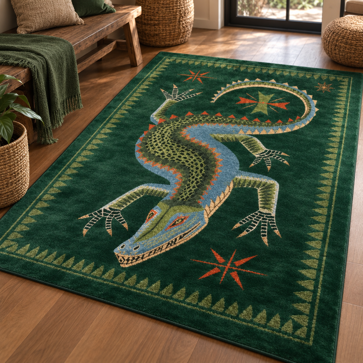 Tapis rectangulaire Croco – motif crocodile illustré – vert émeraude, bleu, olive et terracotta