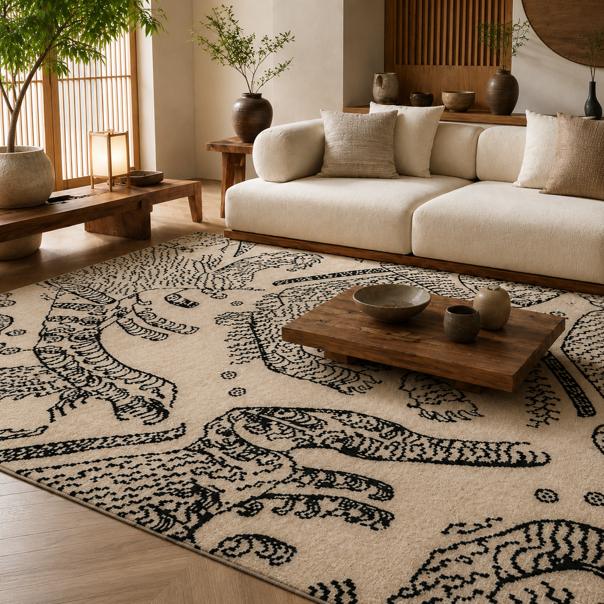Tapis rectangulaire Kaïro – style asiatique graphique – fond écru et motifs tigres noirs
