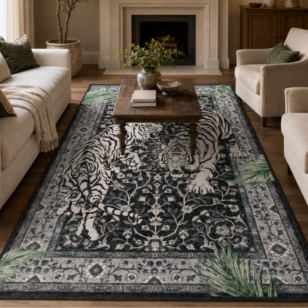 Tapis rectangulaire Onyx – duo de tigres graphiques – noir, écru et vert sauge