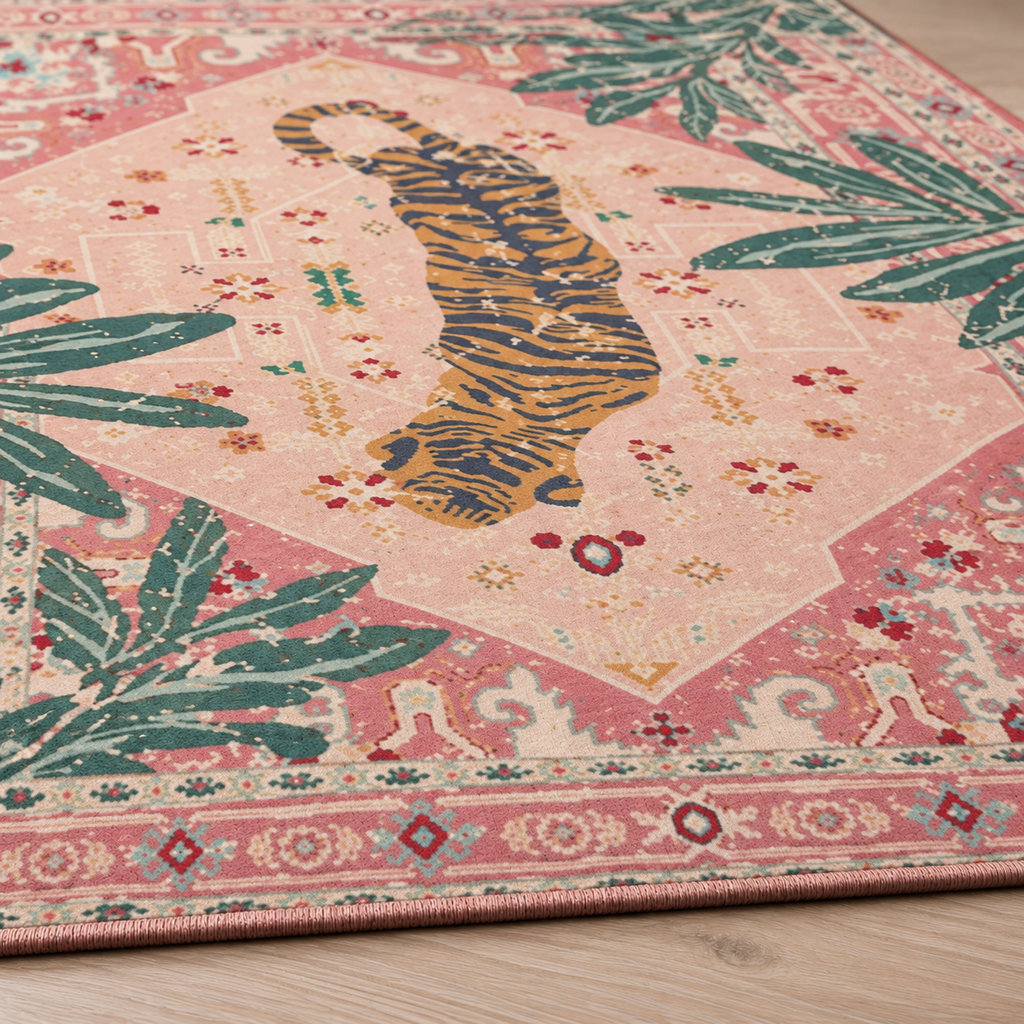 Tapis rectangulaire Nala – motif tigre tropical – rose poudré, vert palmier, orange et bleu nuit