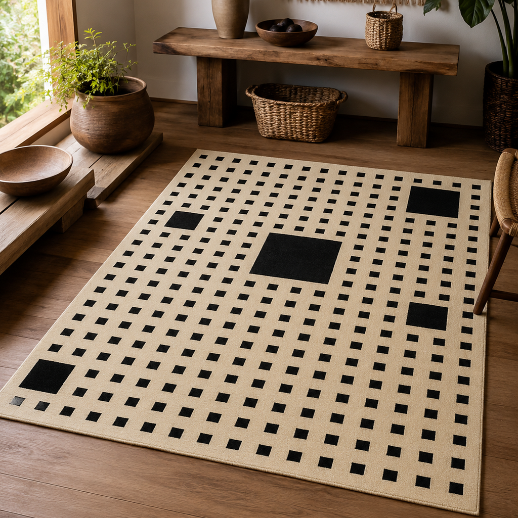 Tapis rectangulaire Pixel – motif quadrillé minimaliste – écru et noir