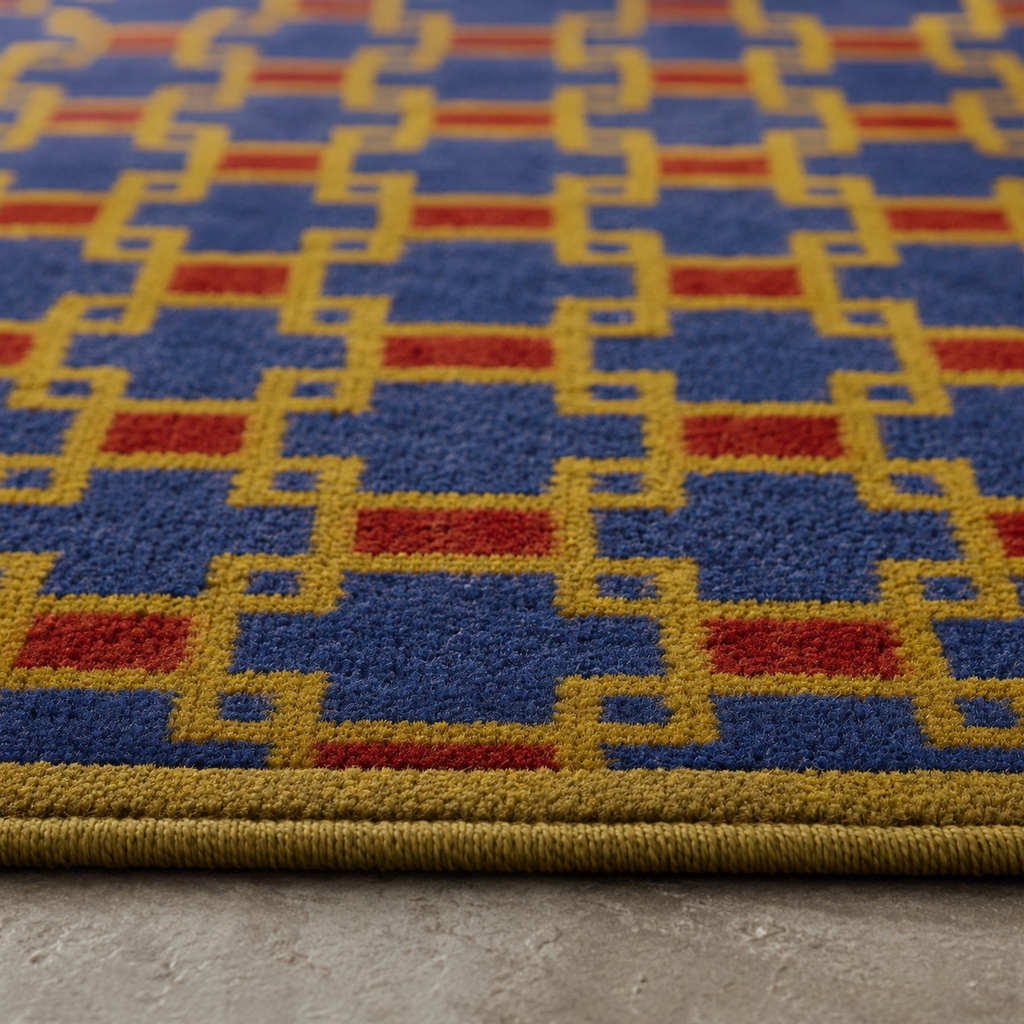 Tapis rectangulaire Soren – motif géométrique entrelacé – bleu profond, ocre et rouge brique