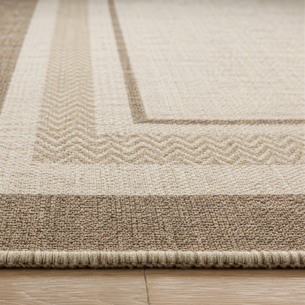 Tapis rectangulaire Elvéo – style naturel – bordures géométriques beige et taupe