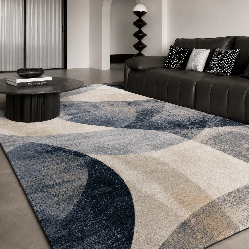 Tapis rectangulaire Éloria – style moderne – motifs abstraits gris, crème et bleu profond
