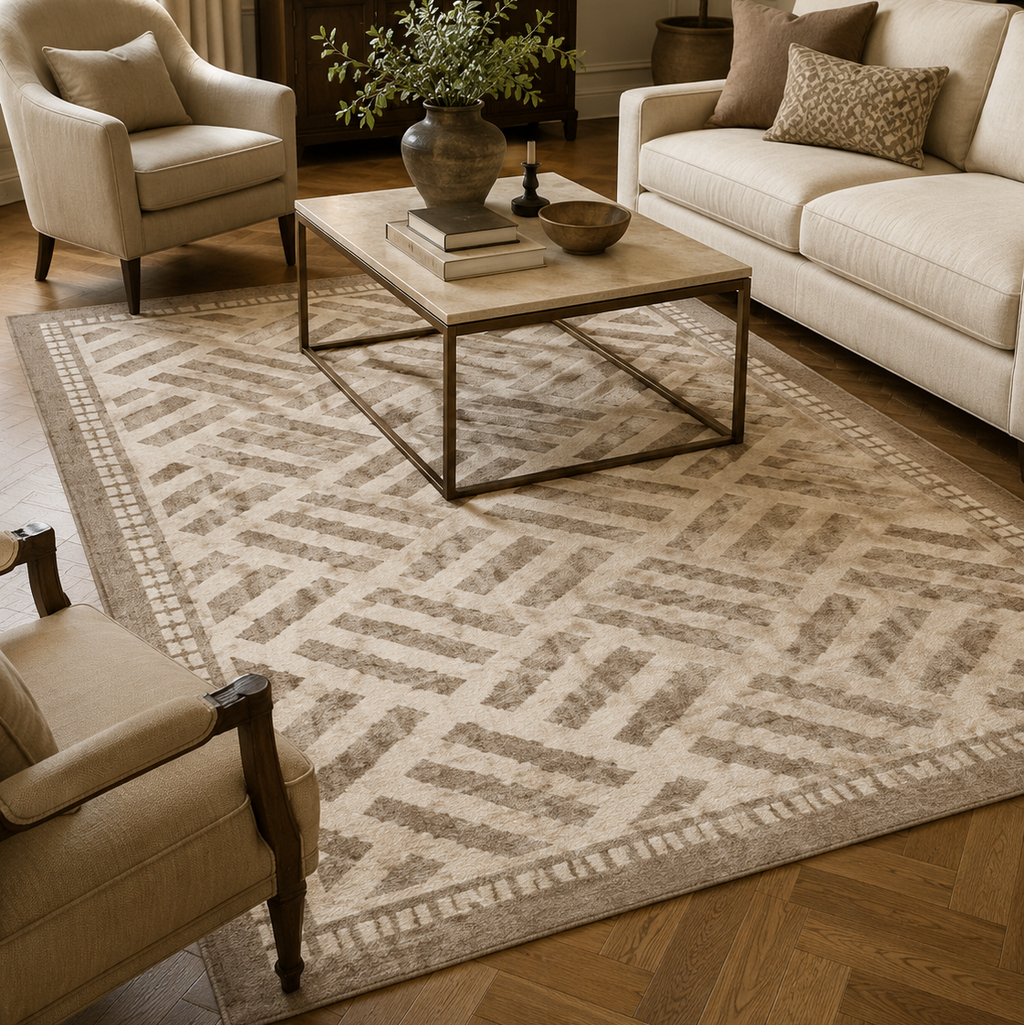 Tapis rectangulaire Lino – motif géométrique texturé – écru et beige taupe