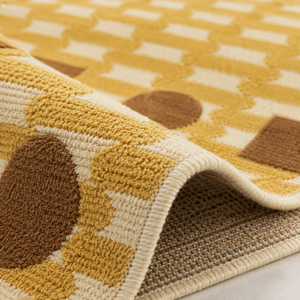 Tapis rectangulaire Solis – motif graphique rythmé – écru, jaune ocre et brun caramel