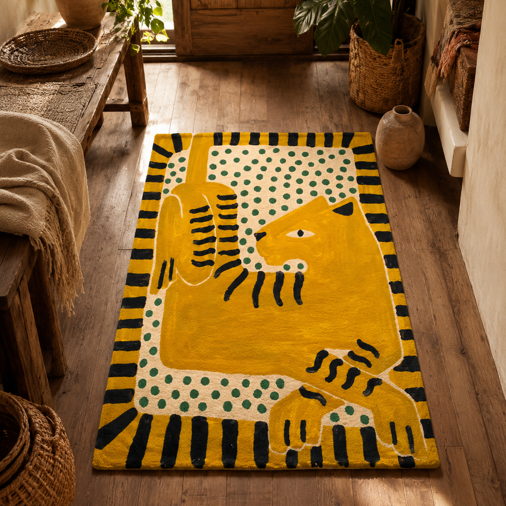 Tapis rectangulaire Matis – motif chat stylisé – jaune moutarde, noir, écru et vert sauge
