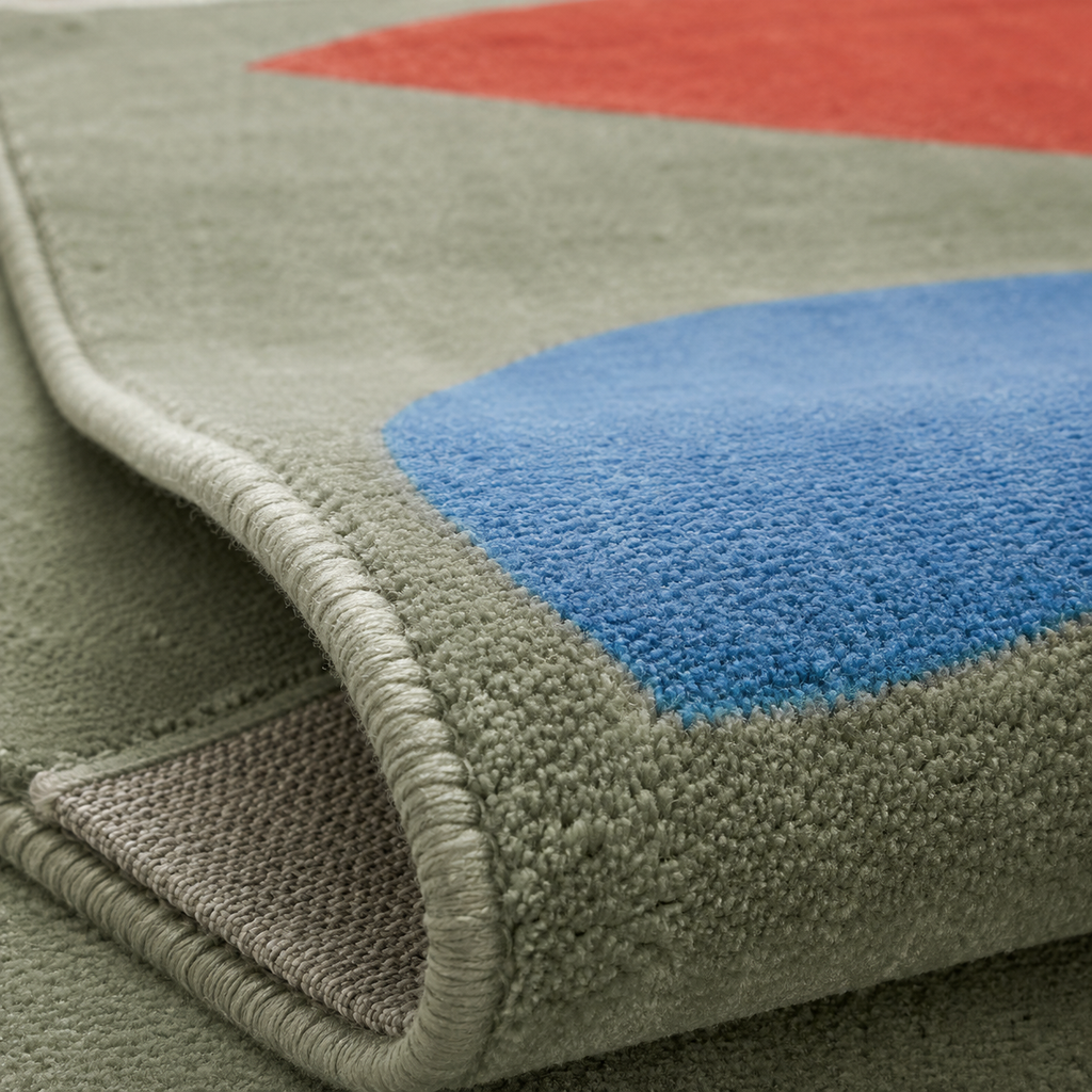 Tapis rectangulaire Lino – formes abstraites – vert sauge, bleu azur et terracotta