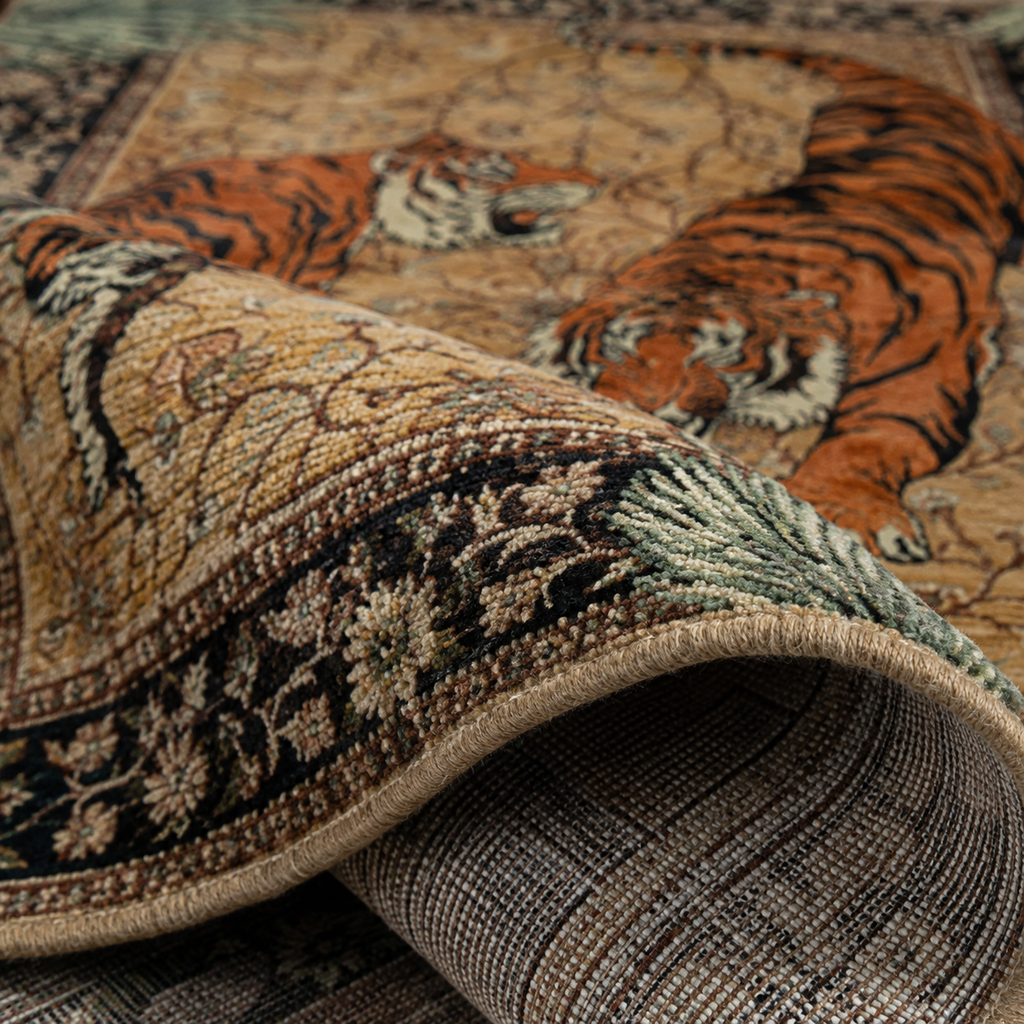 Tapis rectangulaire Rajah – duo de tigres – beige sable, orange, noir et vert sauge