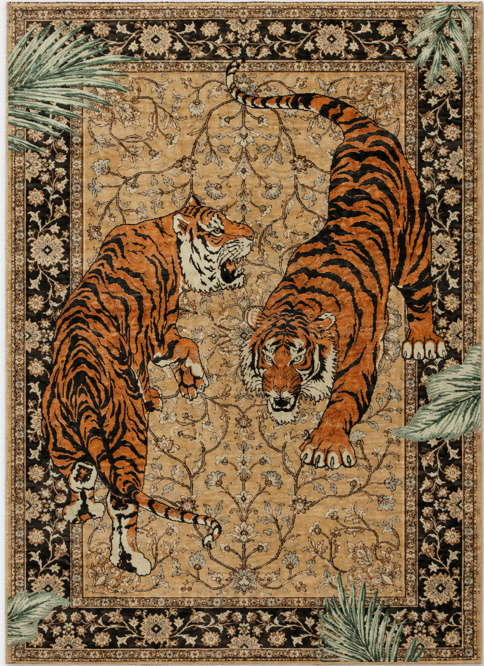 Tapis rectangulaire Rajah – duo de tigres – beige sable, orange, noir et vert sauge
