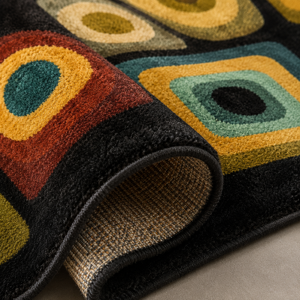 Tapis rectangulaire Orion – motifs géométriques rétro – noir, bleu canard, ocre, vert olive et terracotta