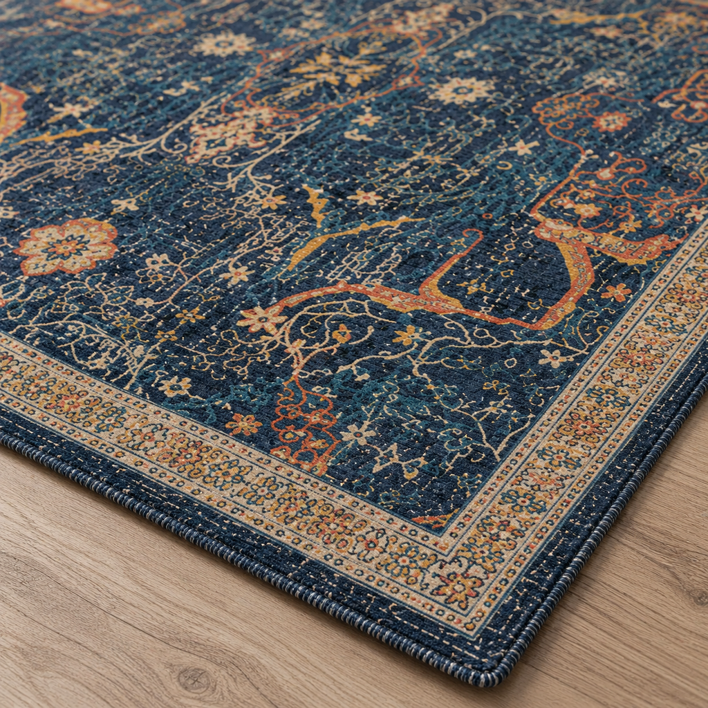 Tapis rectangulaire Azara – motifs floraux vintage – bleu nuit, terracotta, beige et ocre doré