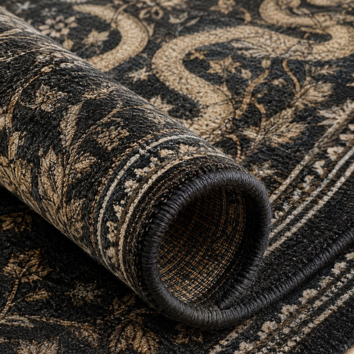 Tapis rectangulaire Nyx – serpents entrelacés et motifs célestes – noir, beige doré et brun