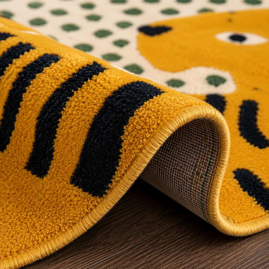 Tapis rectangulaire Matis – motif chat stylisé – jaune moutarde, noir, écru et vert sauge