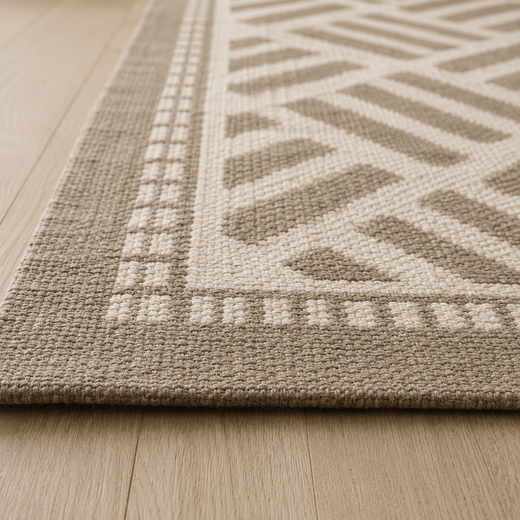 Tapis rectangulaire Lino – motif géométrique texturé – écru et beige taupe